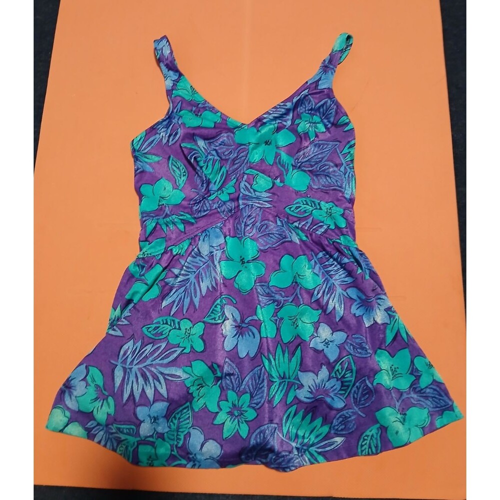 VINTAGE  80s  Maxine of Hollywood Purple/Turquoise Floral one piece Swimsuit  14